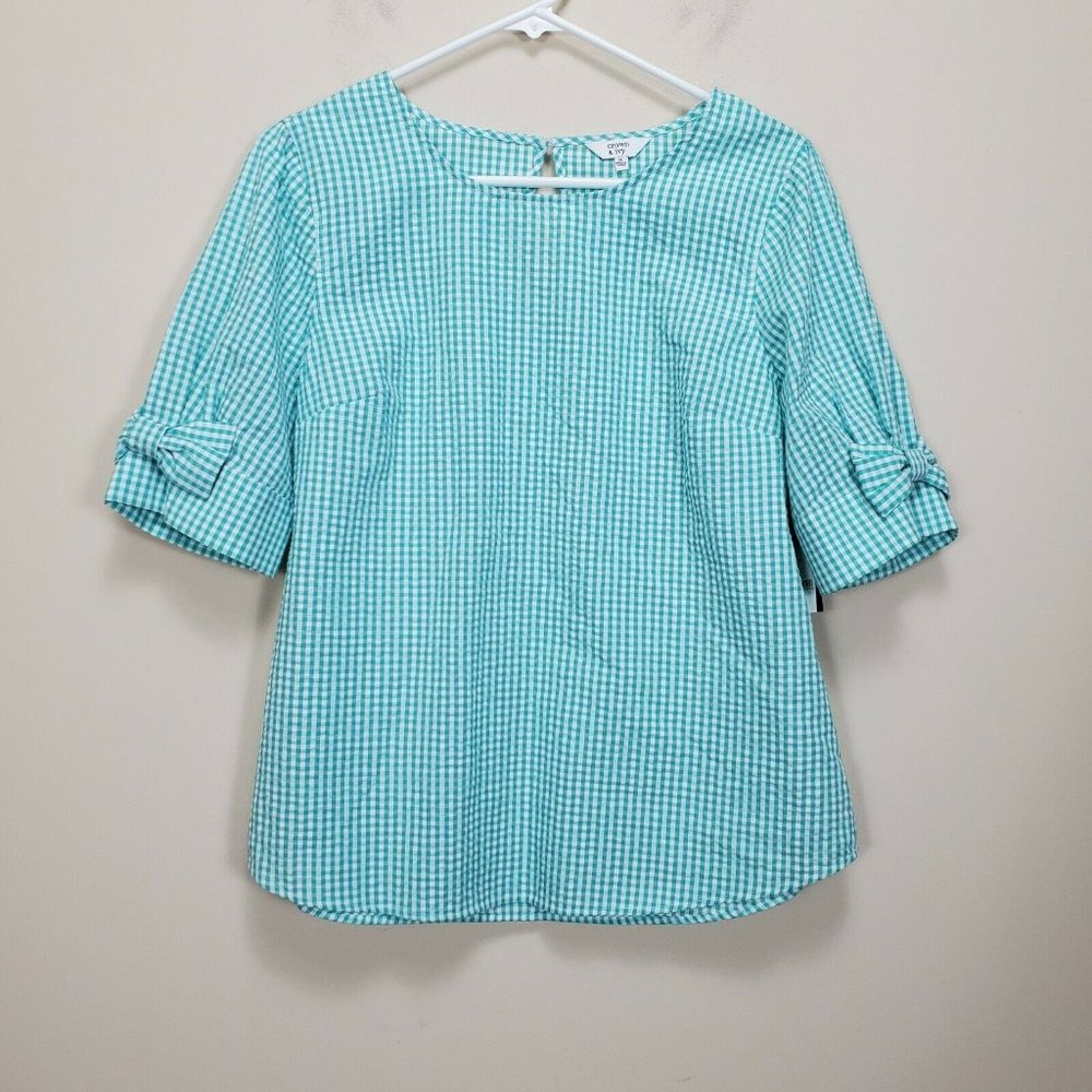 Crown & Ivy Gingham Bow Sleeve top‎ blouse casual career M Blue Green White